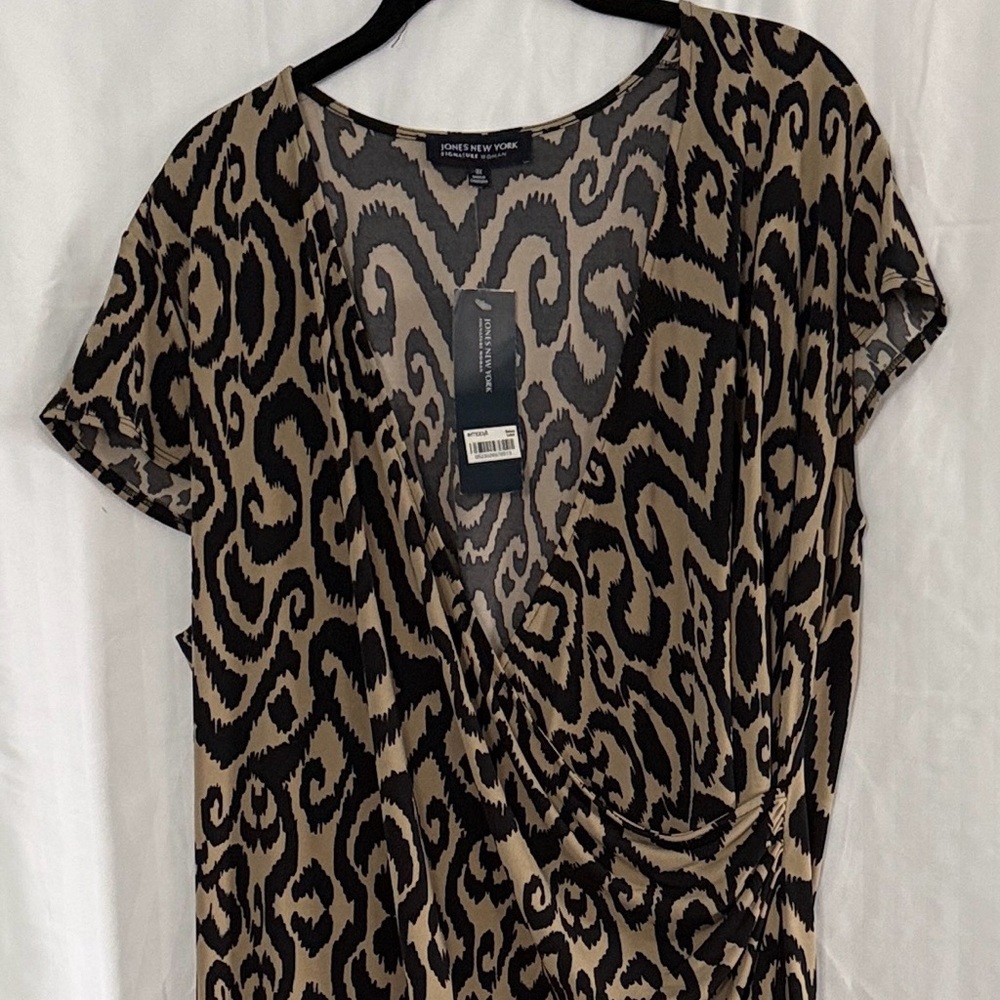 Jones New York  Black and Tan Ikat-Print Faux Wrap Midi Dress